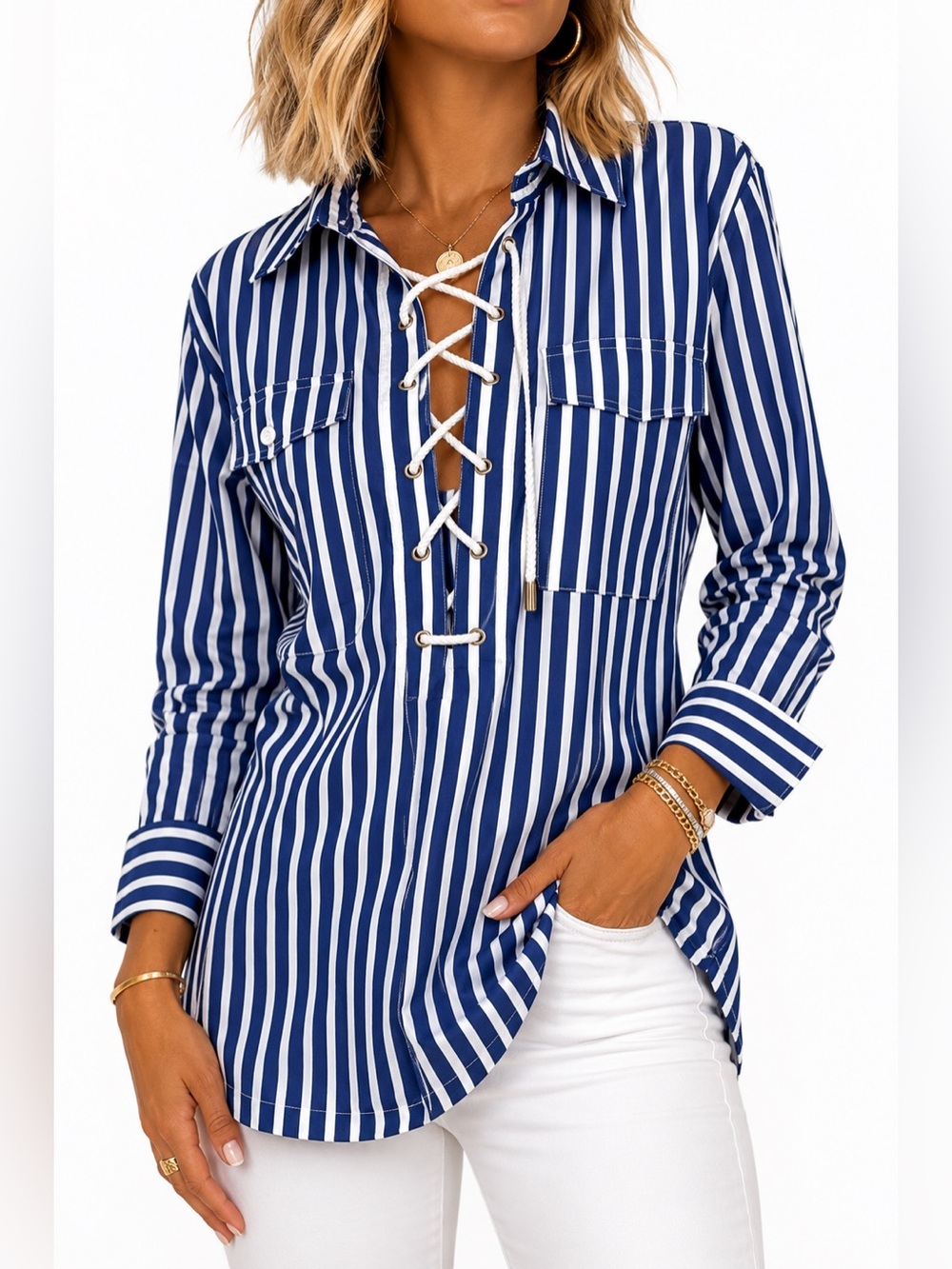 Lauren Ralph Lauren Lace Up NAUTICAL Rope Strip Blue Blouse sz Small P